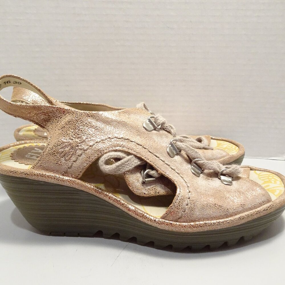 Fly London Sandals 39 8 Gold Wedge Lace Up Open Toe Leather Slingback Metallic